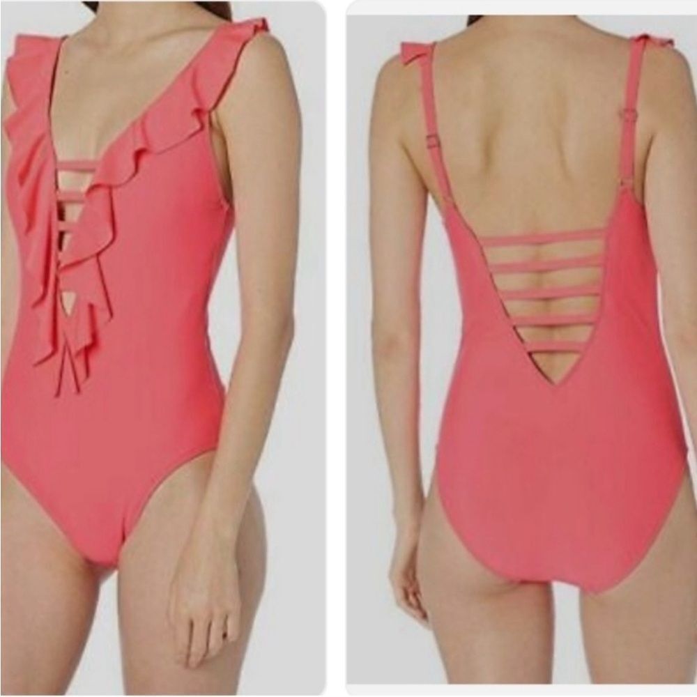 Lilly Pulitzer Carmen bright pink Ruffle deep v strappy one piece swimsuit SZ 10 - Picture 3 of 10
